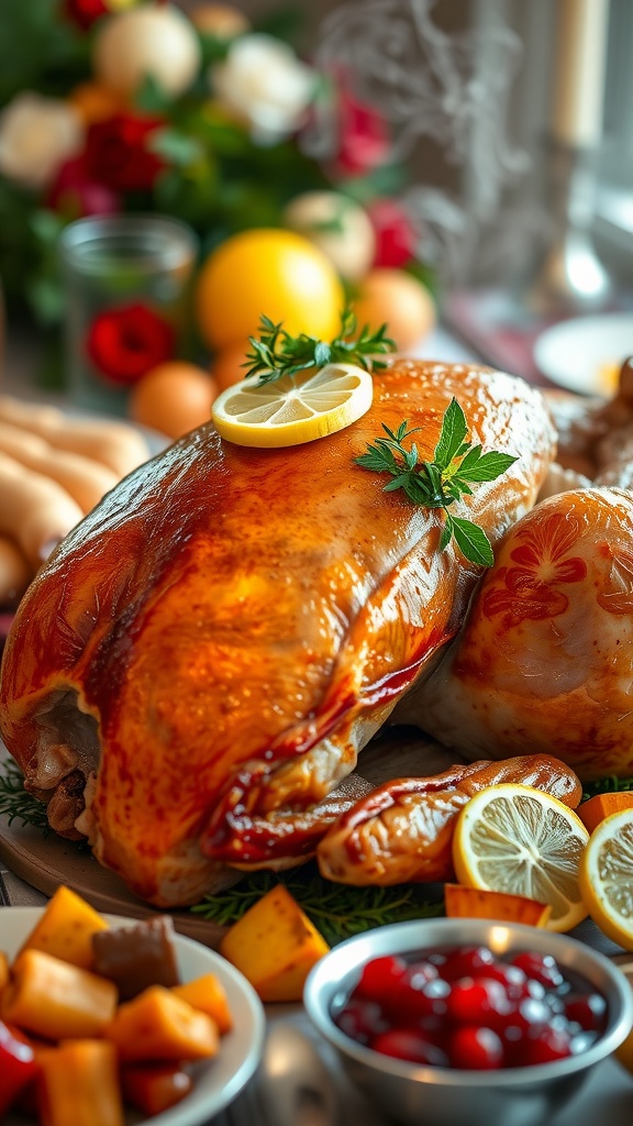 Lemon zest herb-roasted turkey on a festive table, garnished with herbs and lemon slices.